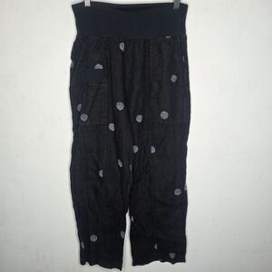 Inizio Linen Black Patterned Wide Leg Lagenlook Pants Size Small S